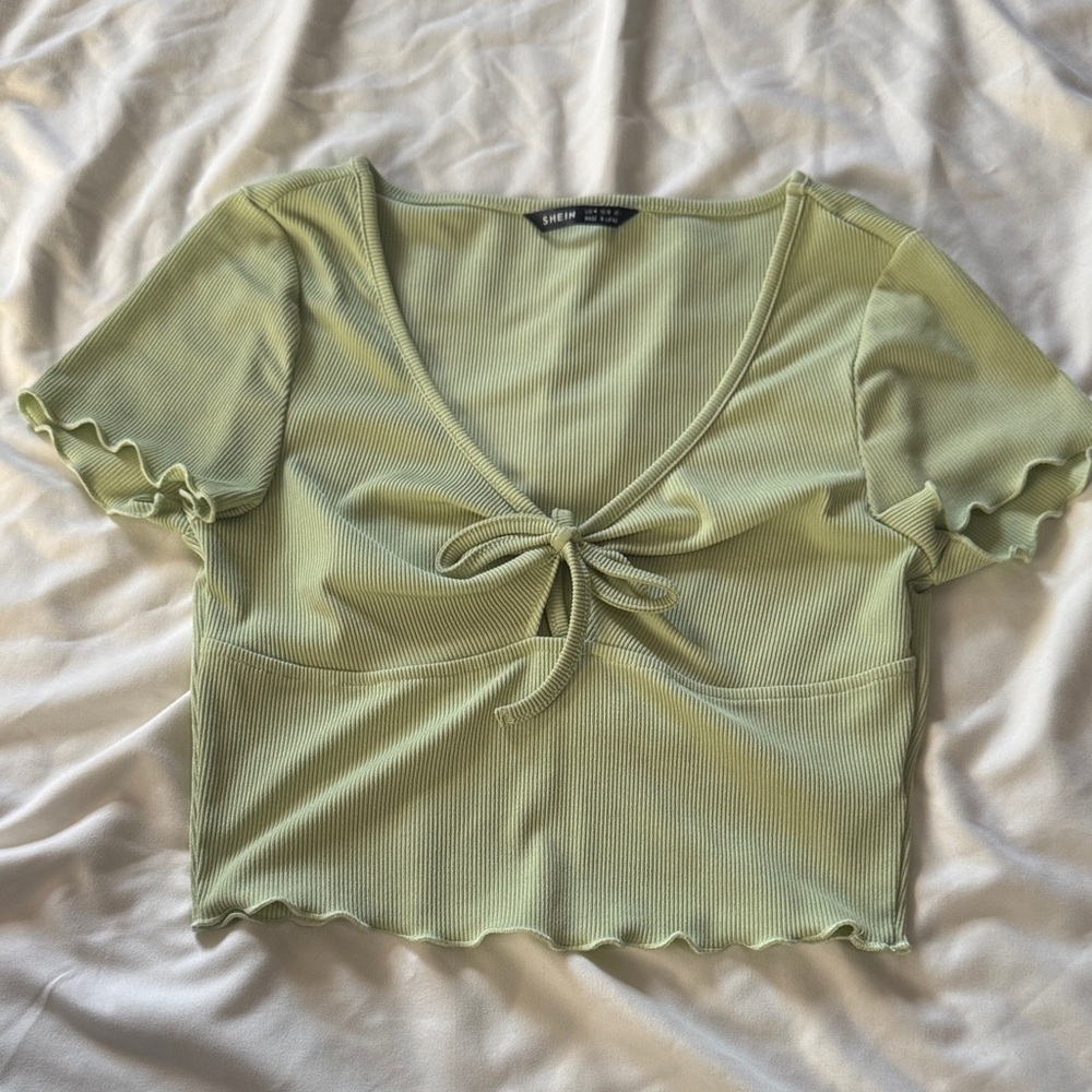 SHEIN Sage Ribbed Crop Top with Tie-Front